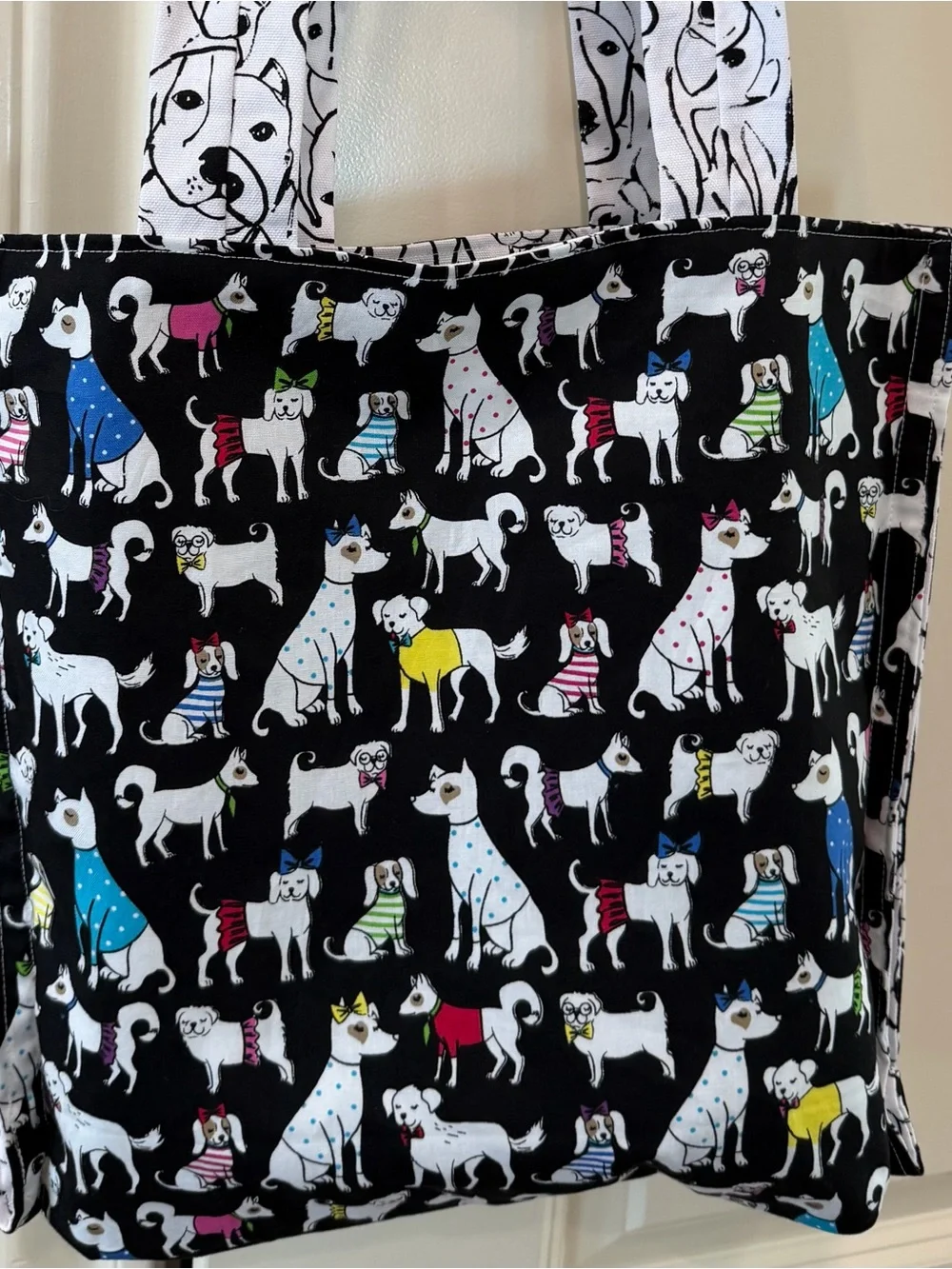 White Dog Pattern Canvas Tote Bag - Handcrafted